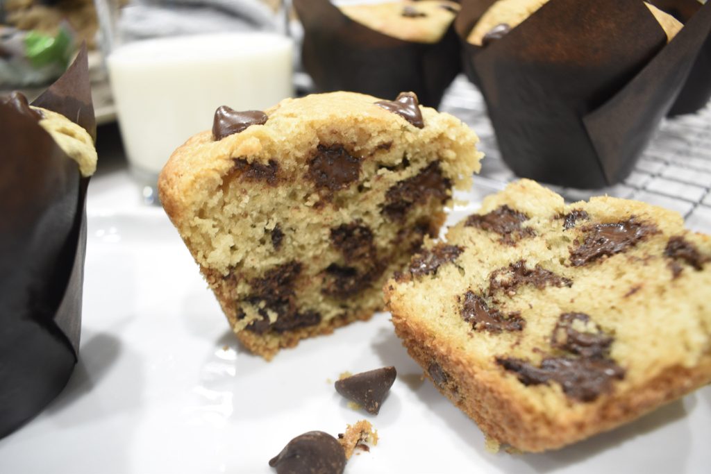 Sourdough discard chocolate chip muffins on a plate
