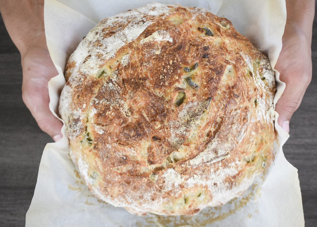 Jalapeño cheddar sourdough boule on hands