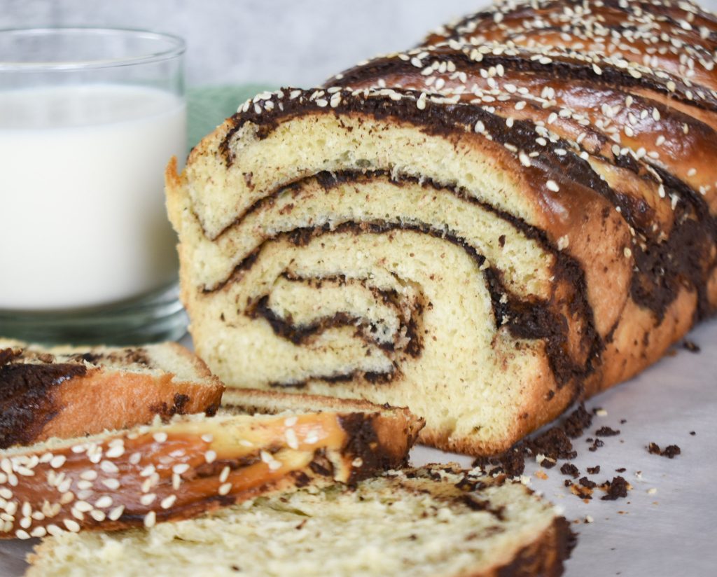 Sourdough Chocolate babka sliced front view