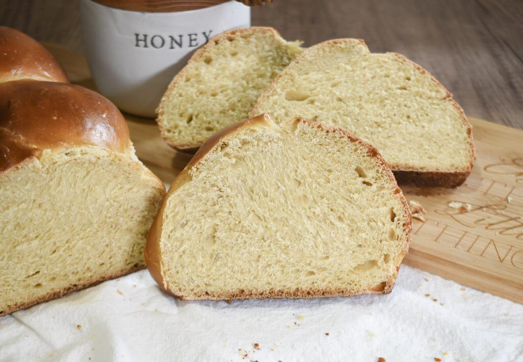 Sourdough Challah Bread Slices on Cutting Board