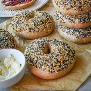 Sourdough Bagels stacked with everything bagel seasoning