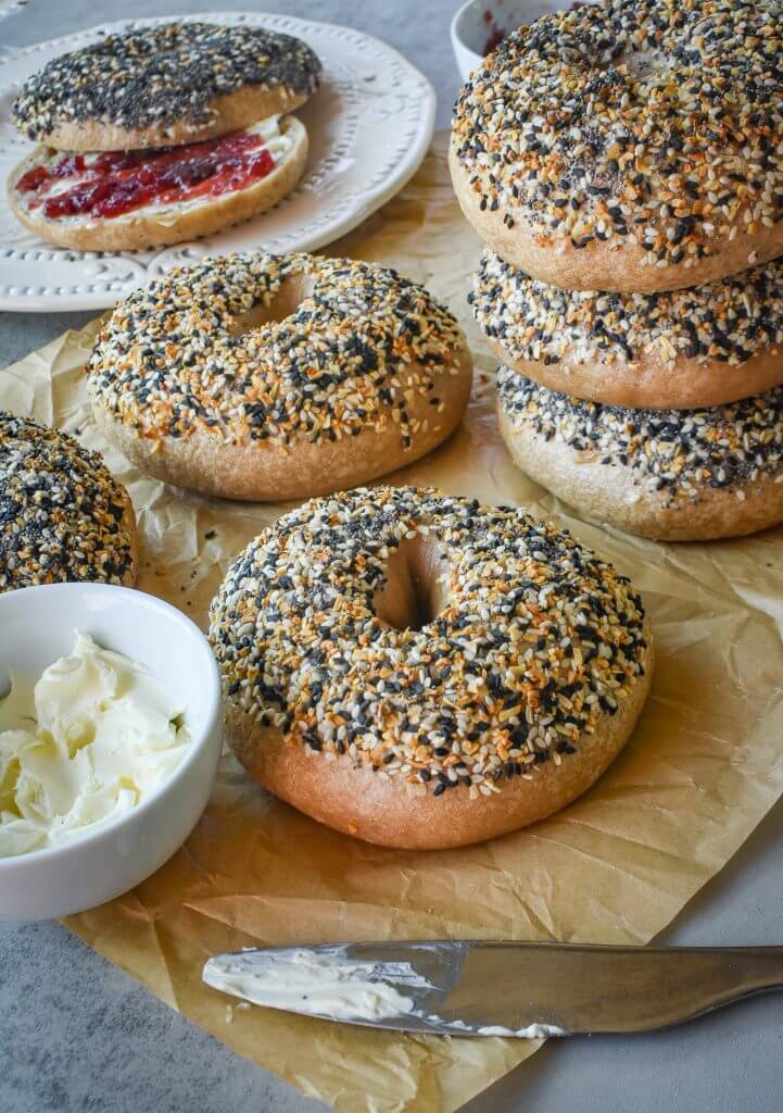 Sourdough Bagels stacked with everything bagel seasoning